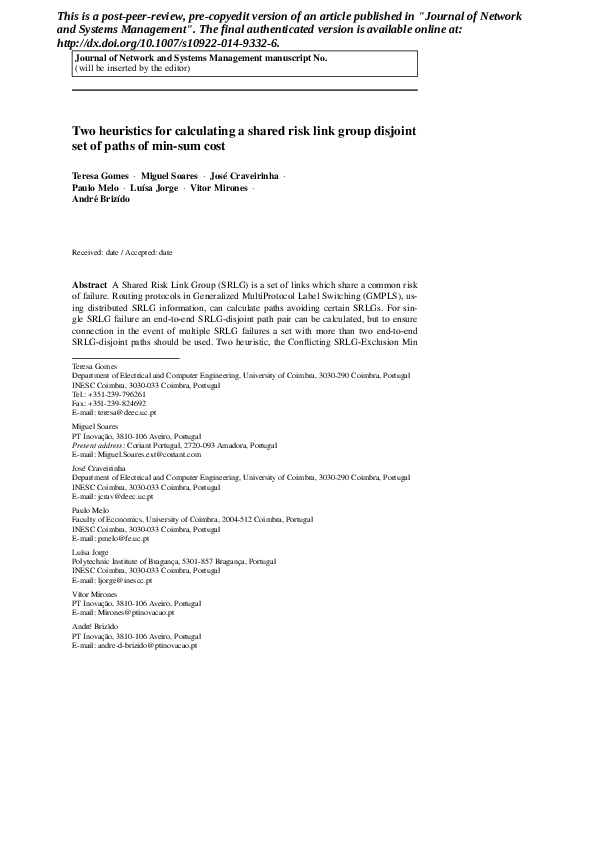 (PDF) Two Heuristics for Calculating a Shared Risk Link Group Disjoint ...