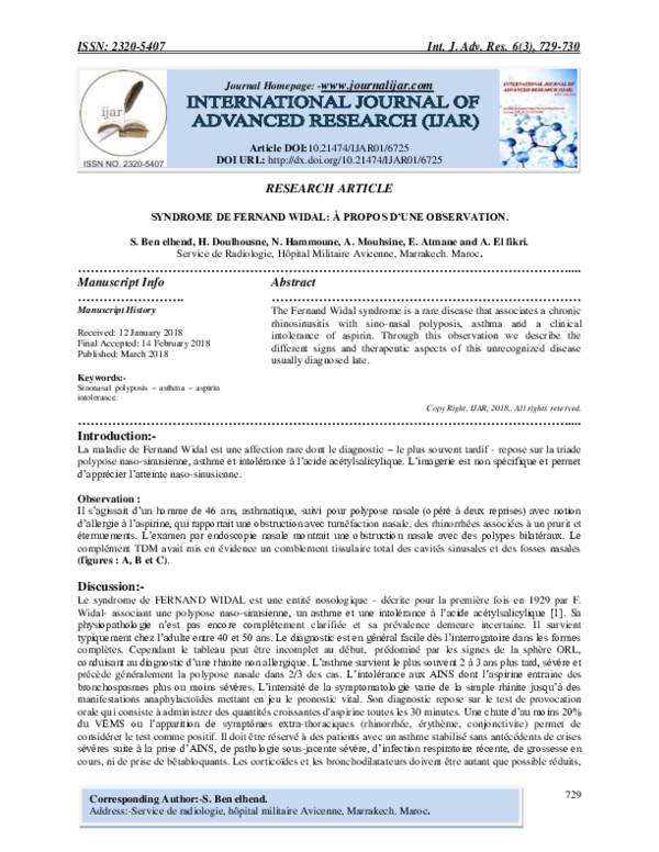 (PDF) Syndrome De Fernand Widal: À Propos D’Une Observation
