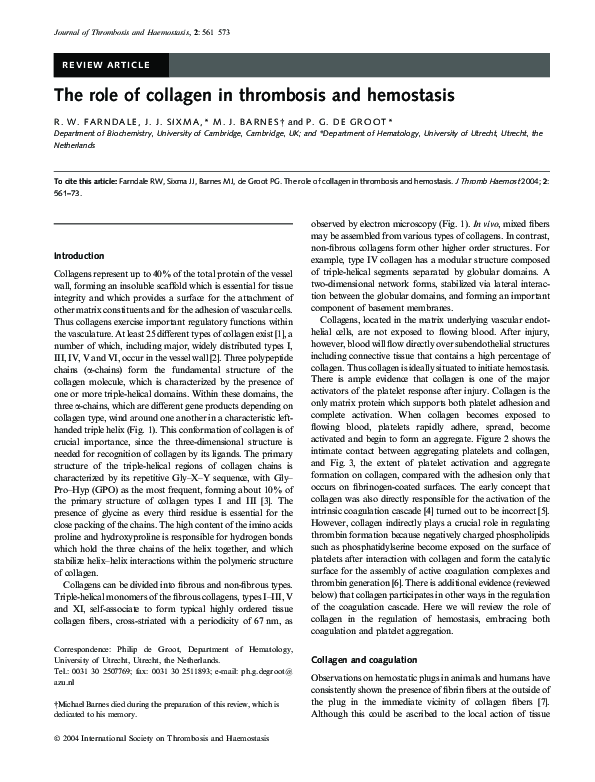 (PDF) The role of collagen in thrombosis and hemostasis