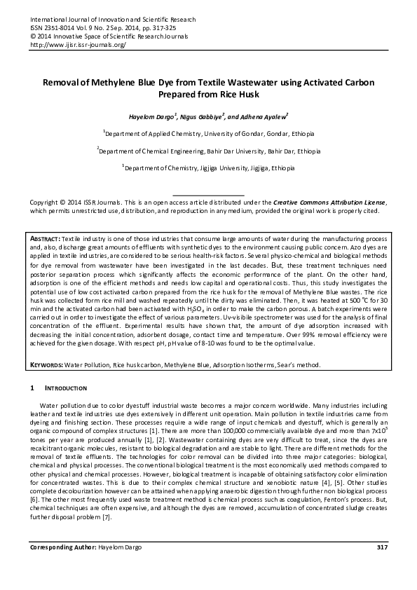 (PDF) Removal of Methylene Blue Dye from Textile Wastewater using ...