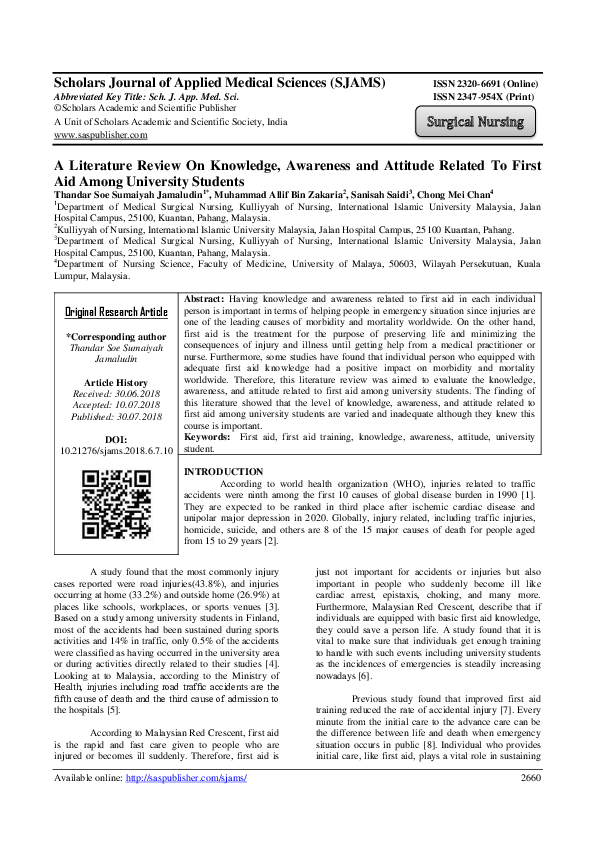 (PDF) On Knowledge , Awareness and Attitude Related To First Aid Among ...