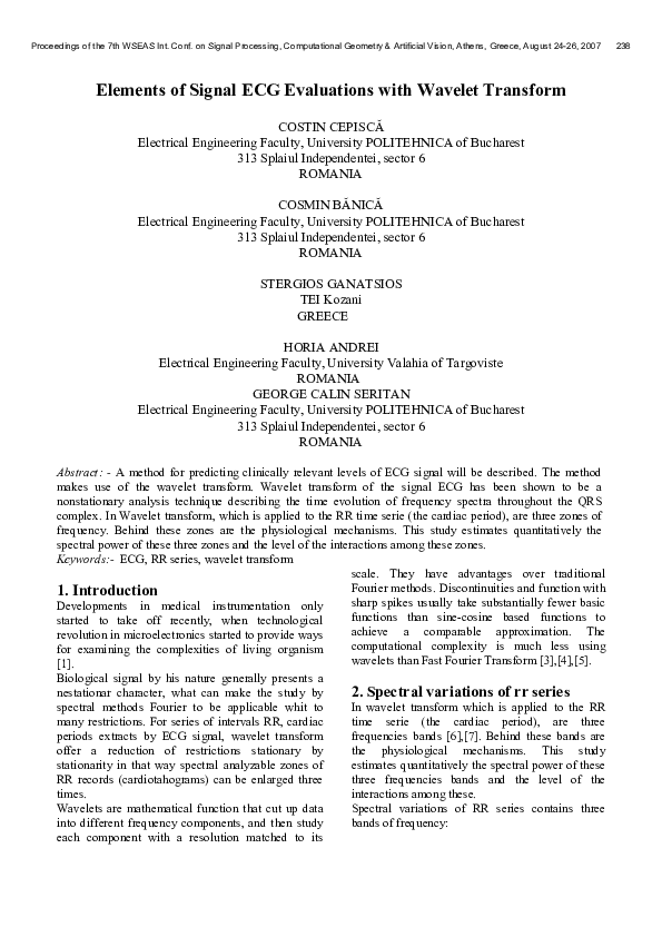 (PDF) Elements of signal ECG evaluations with wavelet transform