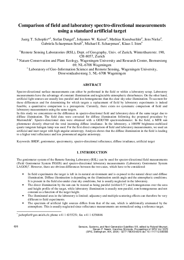 Comparison of Field and Laboratory Spectrodirectional Measurements Using an Artificial Target