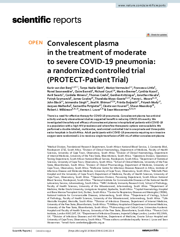 (PDF) Convalescent plasma in the treatment of moderate to severe COVID ...
