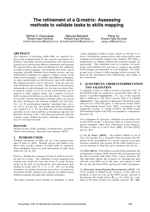 (PDF) The refinement of a Q-matrix: Assessing methods to validate tasks ...