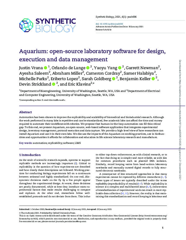 (PDF) Aquarium opensource laboratory software for design, execution