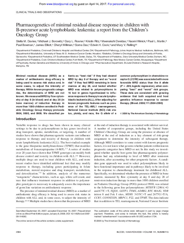 (PDF) Pharmacogenetics of minimal residual disease response in children ...