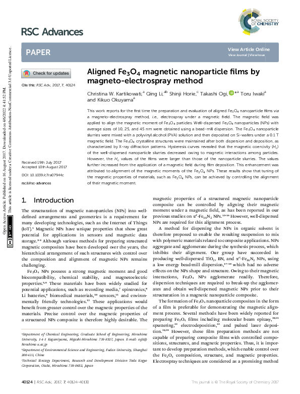 (PDF) Aligned Fe3O4 magnetic nanoparticle films by magneto-electrospray ...