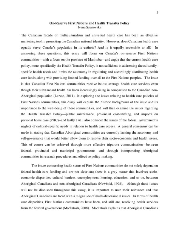 (PDF) On-Reserve First Nations and Health Transfer Policy