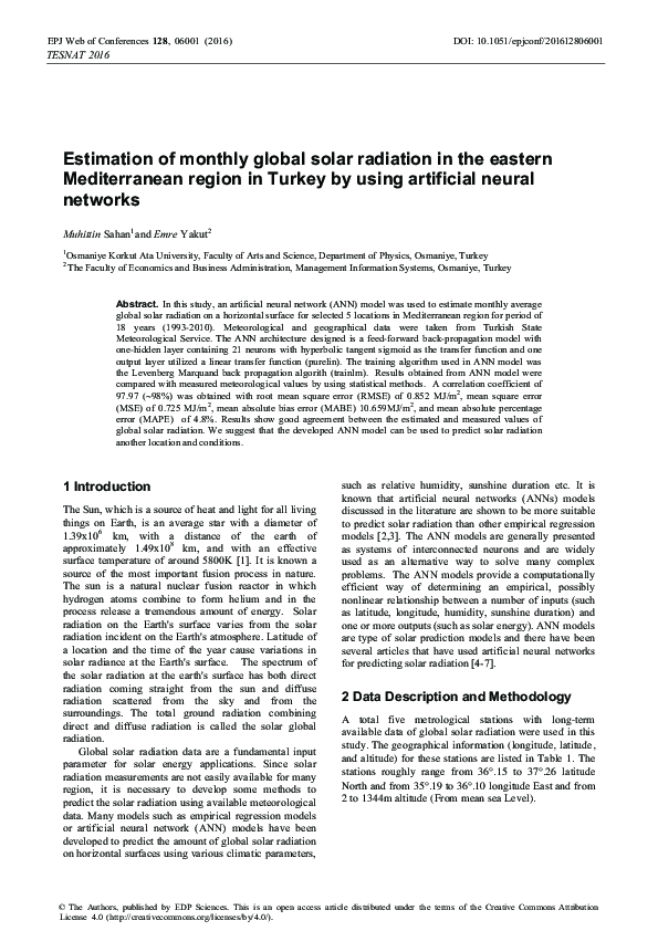 (PDF) Estimation of monthly global solar radiation in the eastern ...