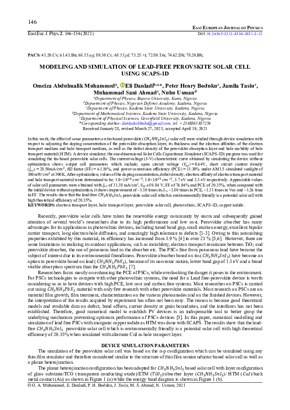 (PDF) Modeling and Simulation of Lead-Free Perovskite Solar Cell Using ...