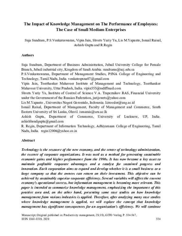 (PDF) The Impact of Knowledge Management on The Performance of ...