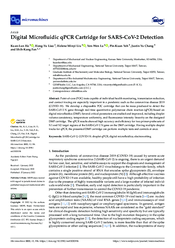 (PDF) Digital Microfluidic qPCR Cartridge for SARS-CoV-2 Detection