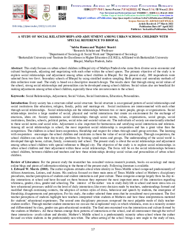 (PDF) A STUDY OF SOCIAL RELATIONSHIPS AND ADJUSTMENT AMONG URBAN SCHOOL ...