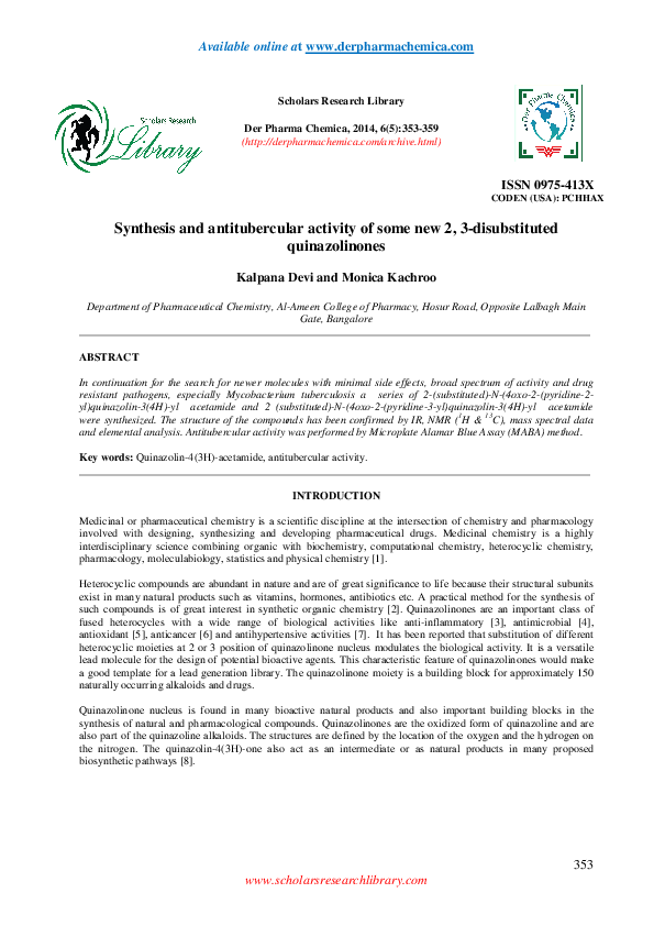 (PDF) Synthesis and antitubercular activity of some new 2, 3 ...