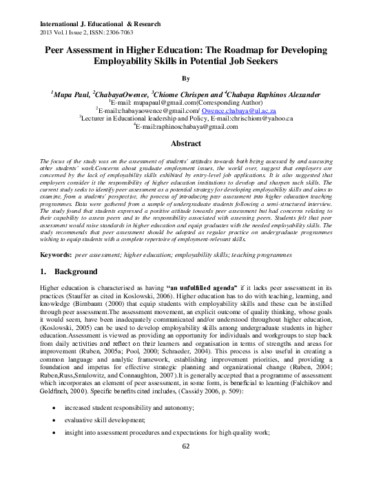 (PDF) Peer Assessment in Higher Education: The Roadmap for Developing ...
