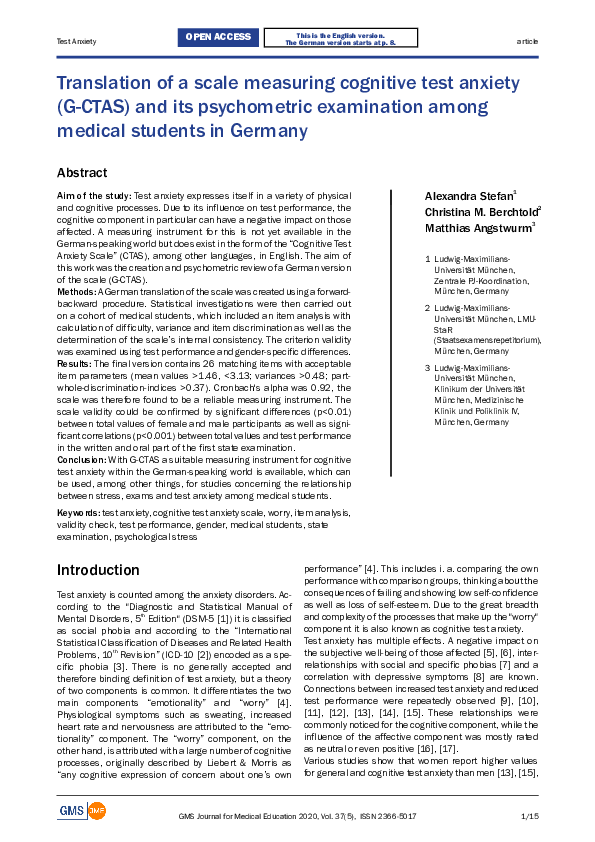 (PDF) Translation of a scale measuring cognitive test anxiety (G-CTAS ...