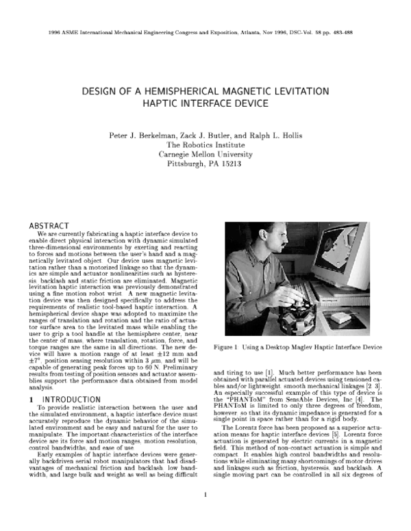 (PDF) Design of a hemispherical magnetic levitation haptic interface device