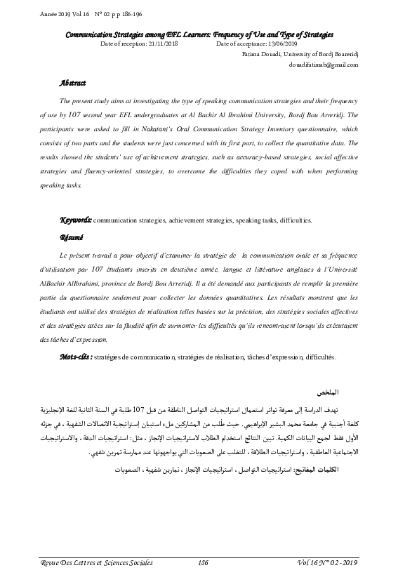 (PDF) The use of oral communication strategies by EFL Algerian learners