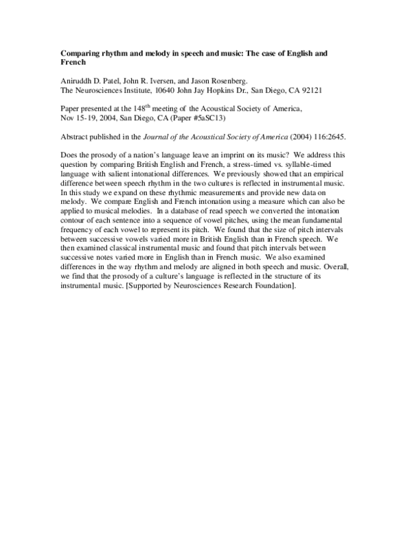 (PDF) Comparing rhythm and melody in speech and music: The case of ...