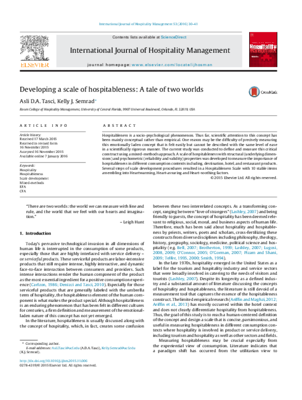 (PDF) Developing a scale of hospitableness A tale of two worlds Asli