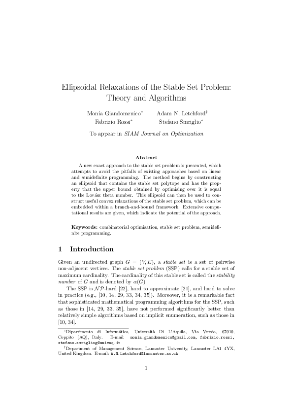 (PDF) Ellipsoidal Relaxations of the Stable Set Problem: Theory and ...