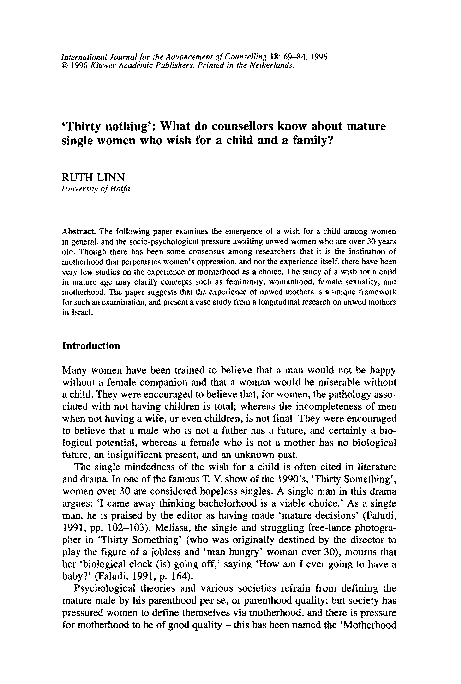 Thirty nothing': What do counsellors know about mature single women who wish for a child and a family?