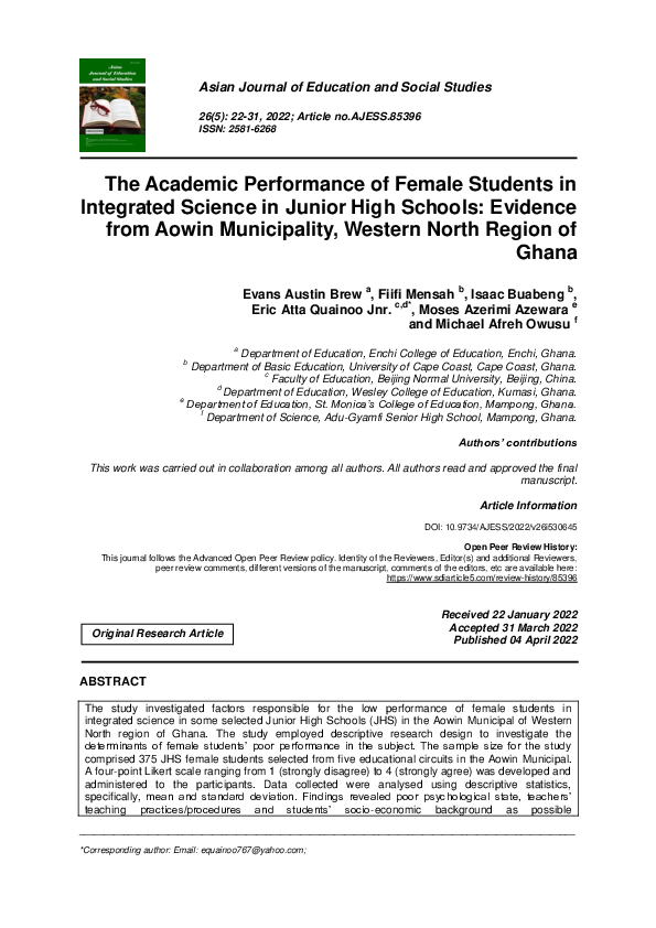(PDF) The Academic Performance of Female Students in Integrated Science ...