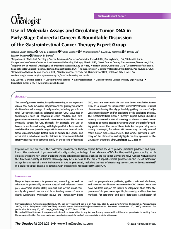 (PDF) Use of Molecular Assays and Circulating Tumor DNA in Early‐Stage ...