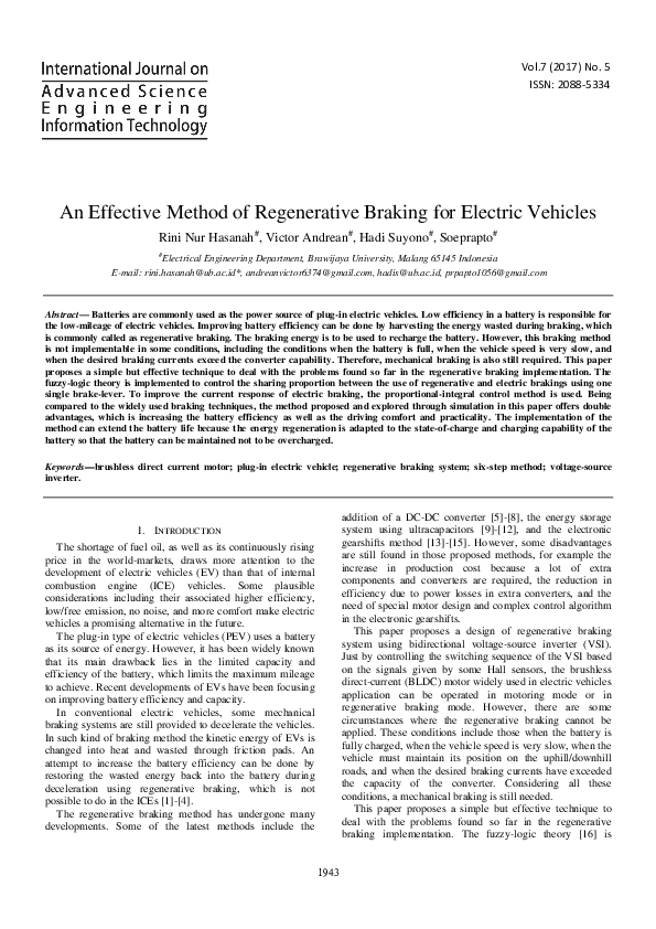 (PDF) An Effective Method of Regenerative Braking for Electric Vehicles