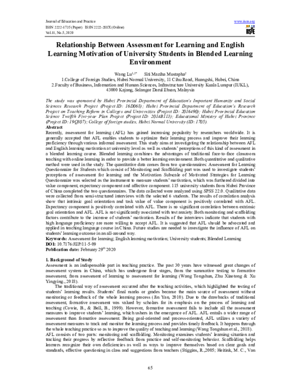 (PDF) Relationship Between Assessment for Learning and English Learning ...