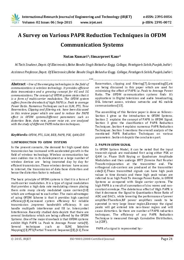 (PDF) A Survey on Various PAPR Reduction Techniques in OFDM ...