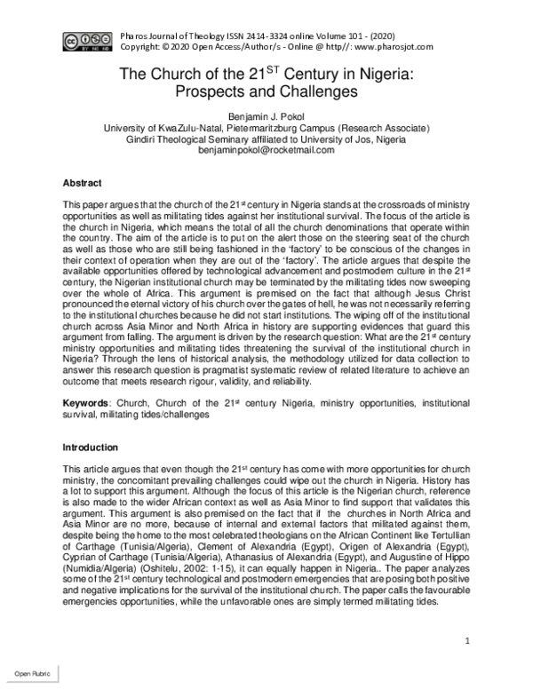 (PDF) The Church of the 21ST Century in Nigeria: Prospects and Challenges