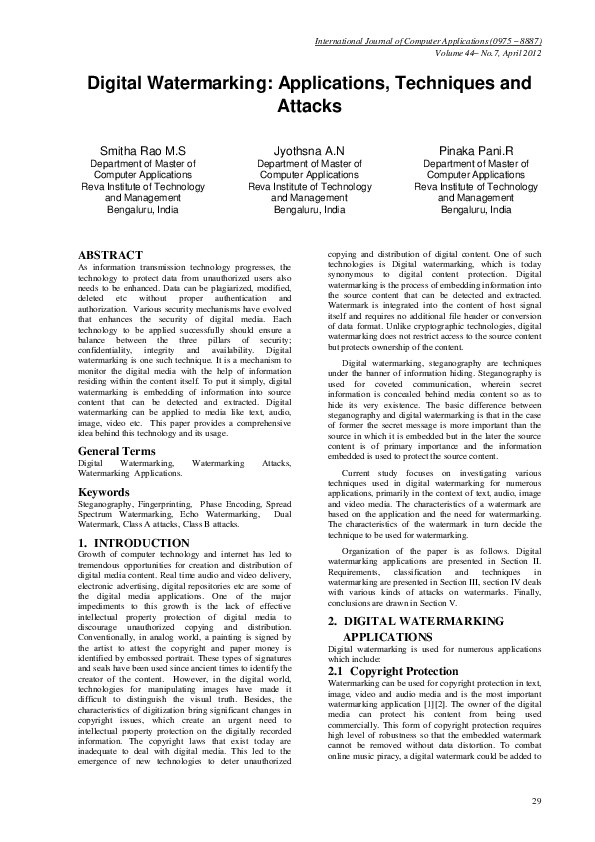 (PDF) Digital Watermarking: Applications, Techniques and Attacks