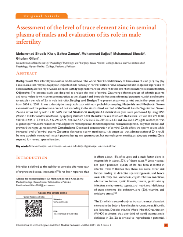 (PDF) Assessment of the level of trace element zinc in seminal plasma ...