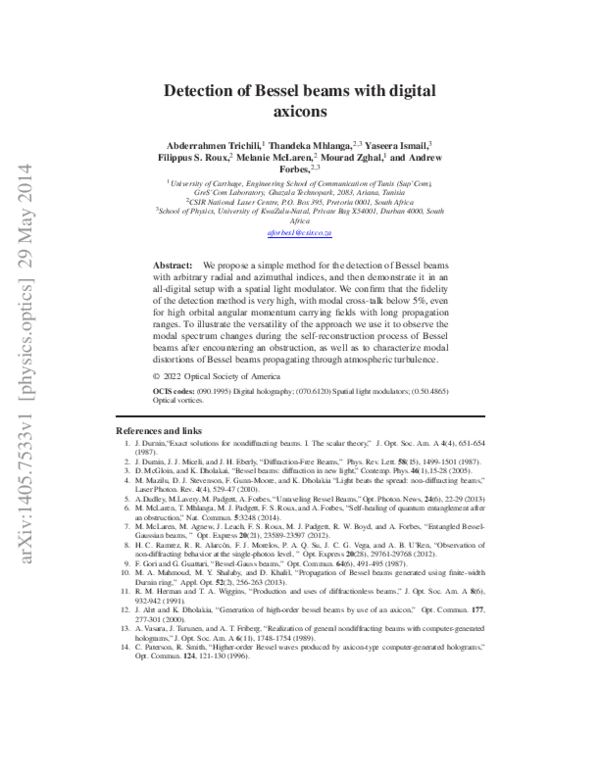 (PDF) 2 9 M ay 2 01 4 Detection of Bessel beams with digital axicons