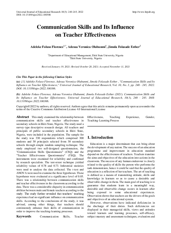 (PDF) Communication Skills and Its Influence on Teacher Effectiveness