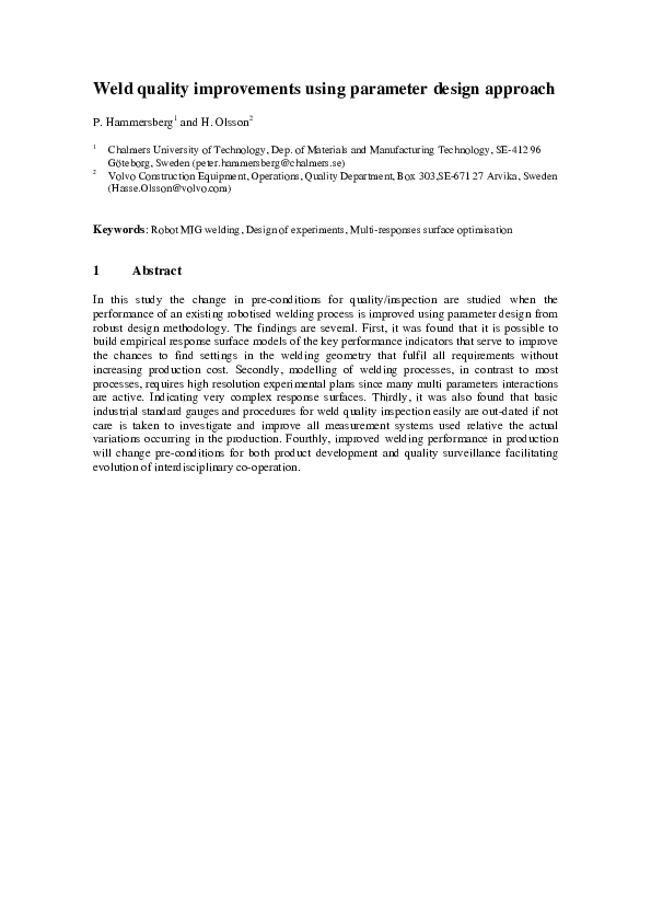 (PDF) Weld quality improvements using parameter design approach