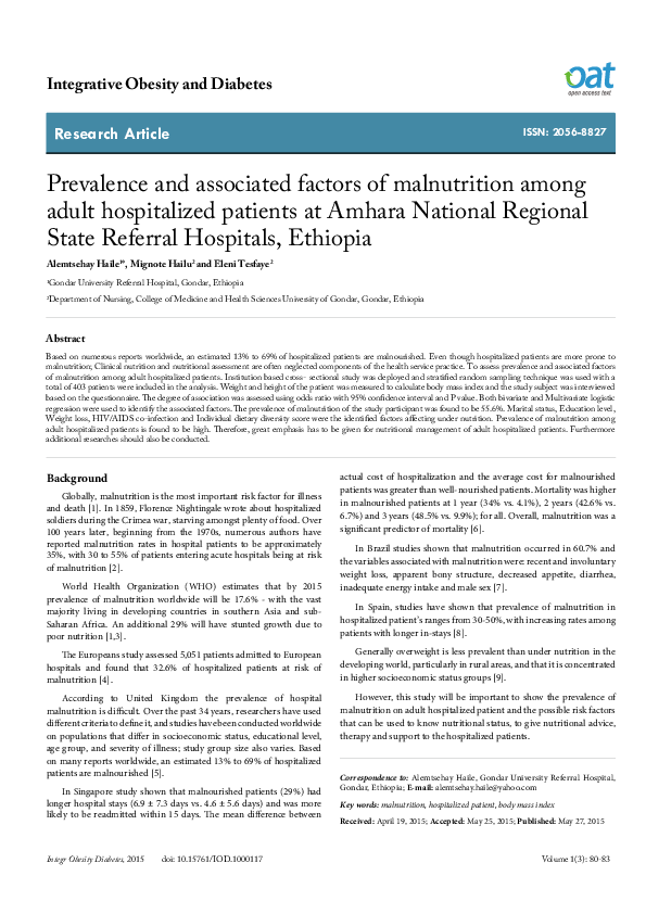 (PDF) Prevalence and associated factors of malnutrition among adult ...