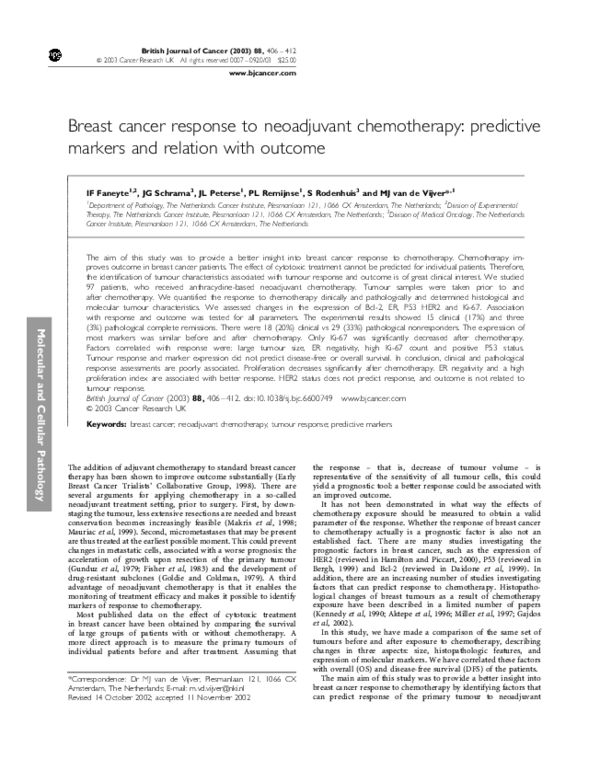 (PDF) Breast cancer response to neoadjuvant chemotherapy: predictive ...