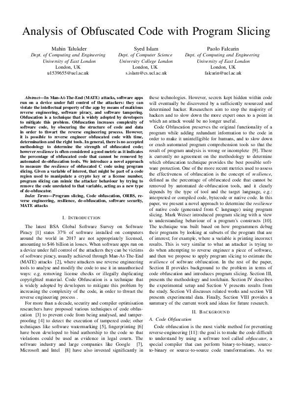(PDF) Analysis of Obfuscated Code with Program Slicing
