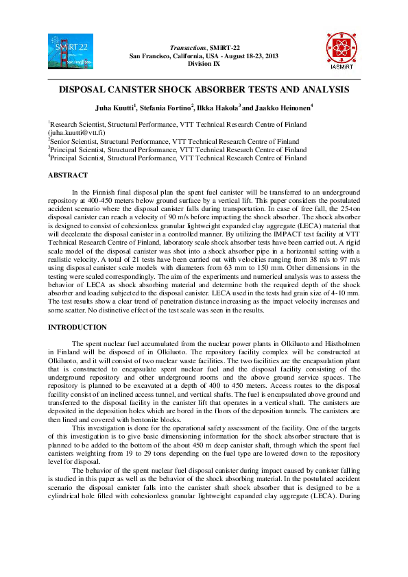 (PDF) Disposal canister shock absorber tests and analysis Stefania