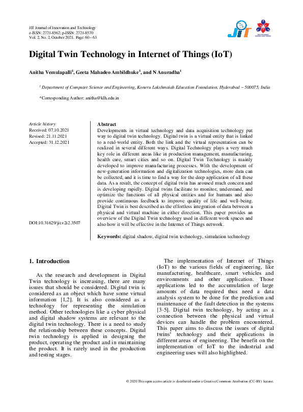 (PDF) Digital Twin Technology in Internet of Things (IOT)