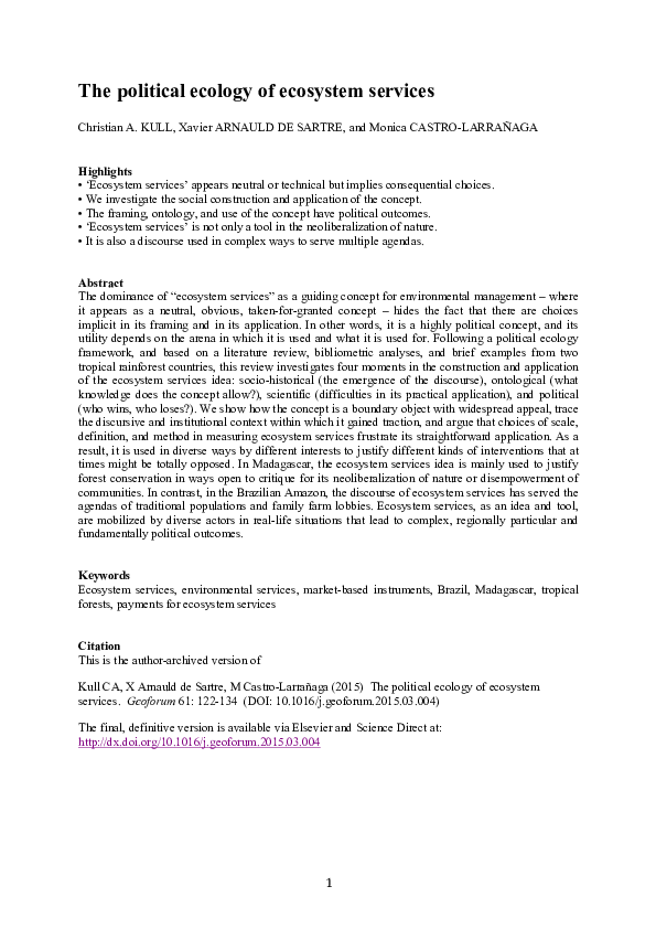 (PDF) The political ecology of ecosystem services