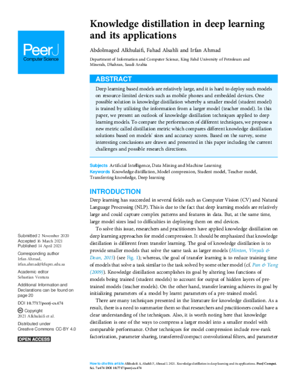 (PDF) Knowledge distillation in deep learning and its applications