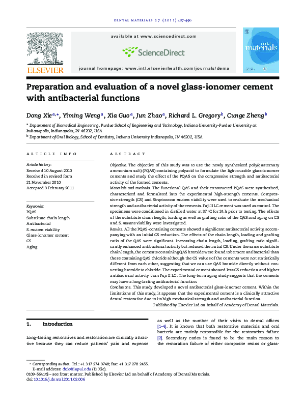 (PDF) Preparation and evaluation of a novel glassionomer cement with antibacterial functions
