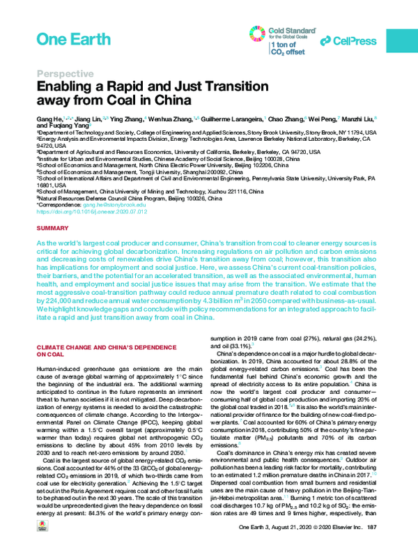 (PDF) Enabling a Rapid and Just Transition away from Coal in China