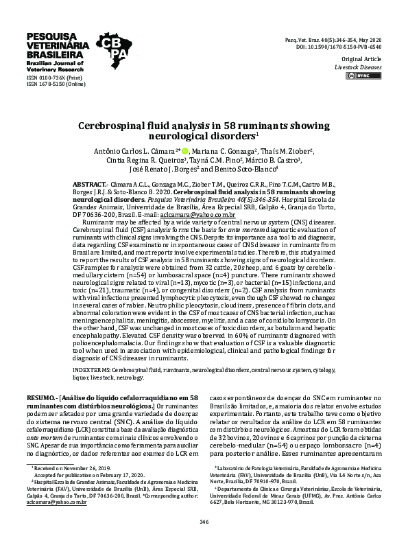 (PDF) Cerebrospinal fluid analysis in 58 ruminants showing neurological ...