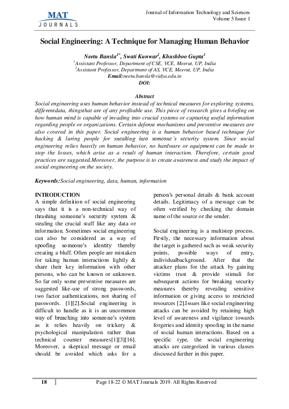 (PDF) Social Engineering: A Technique for Managing Human Behavior