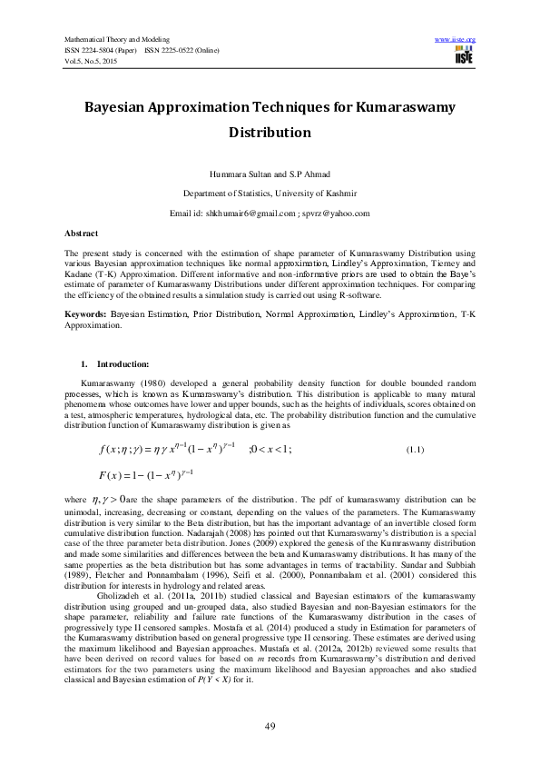 (PDF) Bayesian Approximation Techniques for Kumaraswamy Distribution